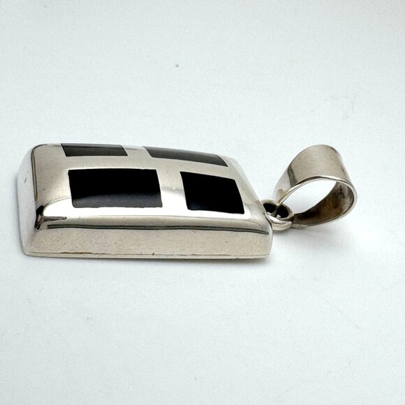 Vintage 925 Sterling Silver Black Onyx Modernist Mosaic Chunky Pendant - Picture 7 of 9
